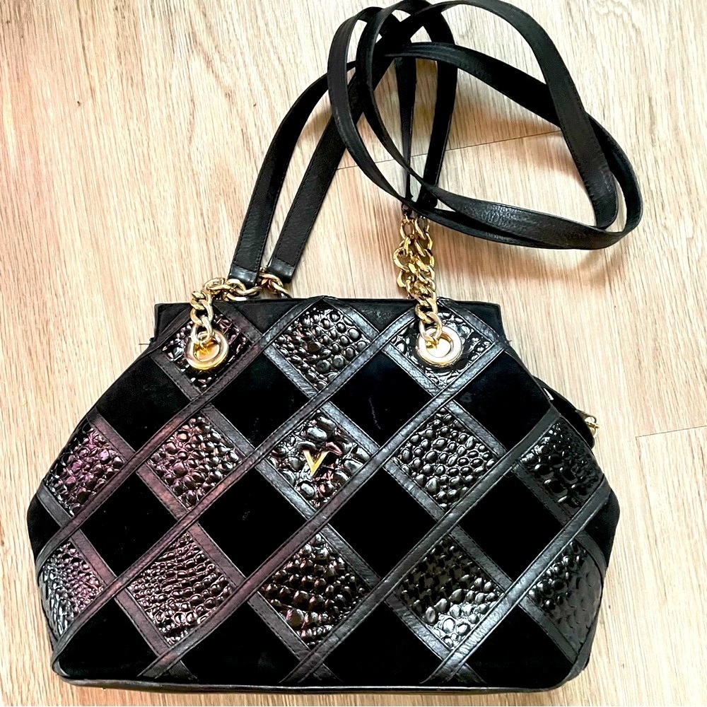 Black Leather Crossbody Bag with Gold Accents